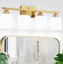 4 Light Gold Light Fixture Bathroom, Brushed Gold Vanity Light With Milky White Frosted Glass Shades, Lights For Bathroom Mirror For Living Room Bedro