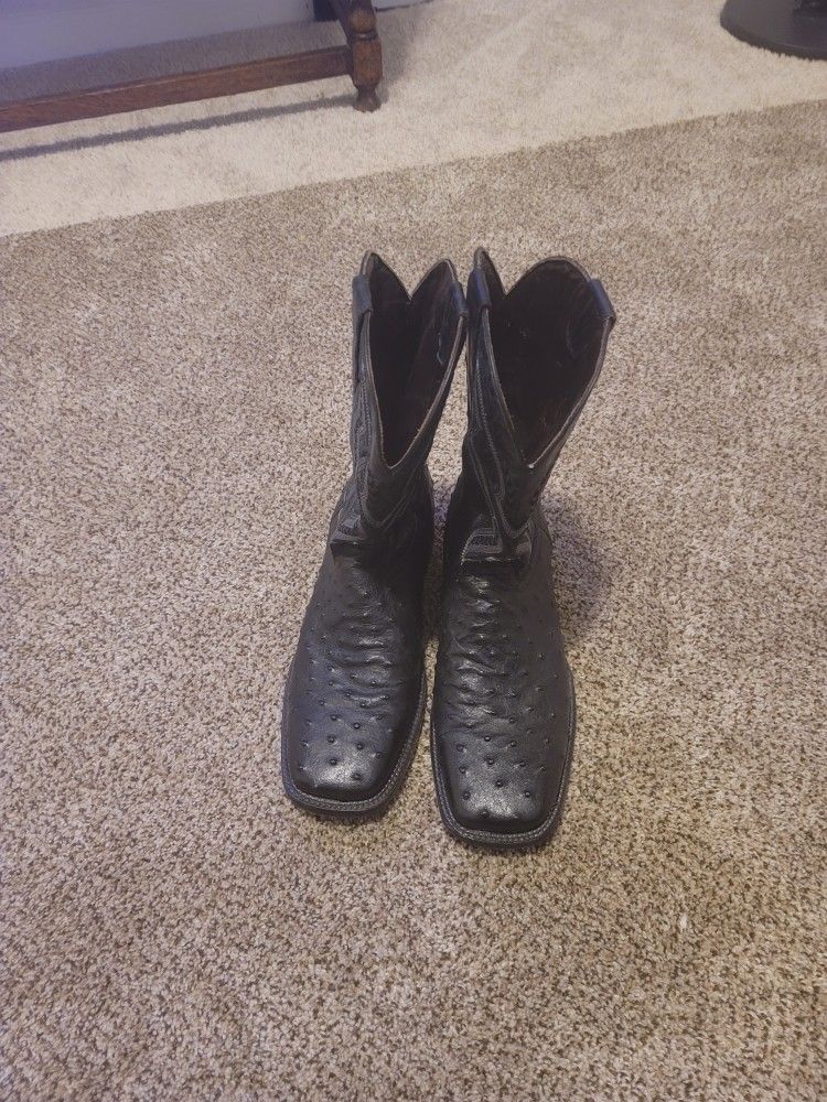 Mens BLACK COWBOY BOOTS SQUARE TOE OSTRICH PRINT LEATHER SIZE 11.5