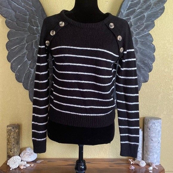 Ardene Striped Knit Sweater with Shoulder Buttons