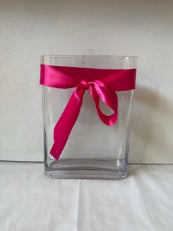 Modern Tall Heavy Slender 10” Rectangular Clear Glass Vase with Rounded Edges and a Bright Fuchsia Satin Ribbon