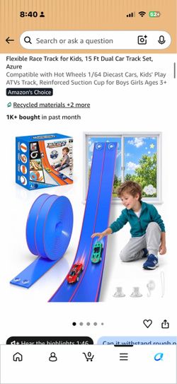 Flexible Race Track for Kids, 15 Ft Dual Car Track Set, Azure Compatible with Hot Wheels 1/64 Diecast Cars, Kids' Play ATVs Track, Reinforced Suction 