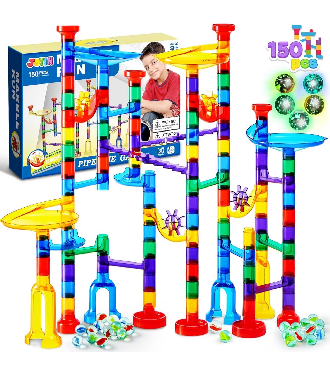 JOYIN 150Pcs Glowing Marble Run- Construction Building Blocks Toys with 5 Glow in The Dark Glass Marbles, STEM Educational Building Block Toy
