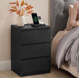 Nightstand with Charging Station, 3 Drawers Bedside Table, 2 AC Outlets, 2 USB Ports, 15.8 x 13.8 x 23.2 Inches, Ebony Black, KAILYN Collection ULET63