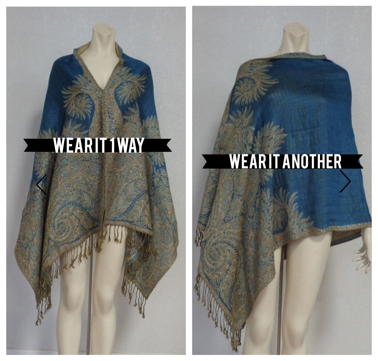 Reversible Turquoise Lightweight Swirl Pattern Poncho Shawl Pashmina