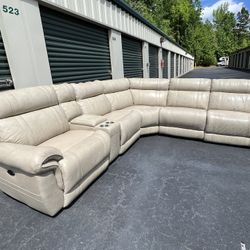 Beige Havertys Leather Sectional Sofa Couch 