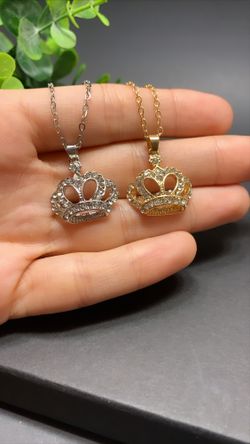 Crown Choker Crystal Pendant Necklace Elegant Jewelry, 2-Set (Silver and Gold)