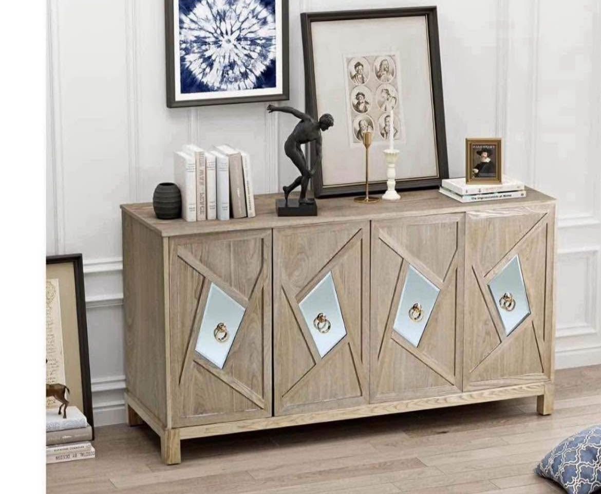 60" Modern Sideboad Buffet Cabinet, Accent Storage Cabinet Console Table with 4 Mirrored Decorative Doors Freestanding Kitchen Cupboard wi