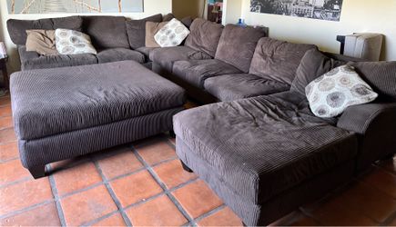 Brown microfiber 3 piece sectional and ottoman