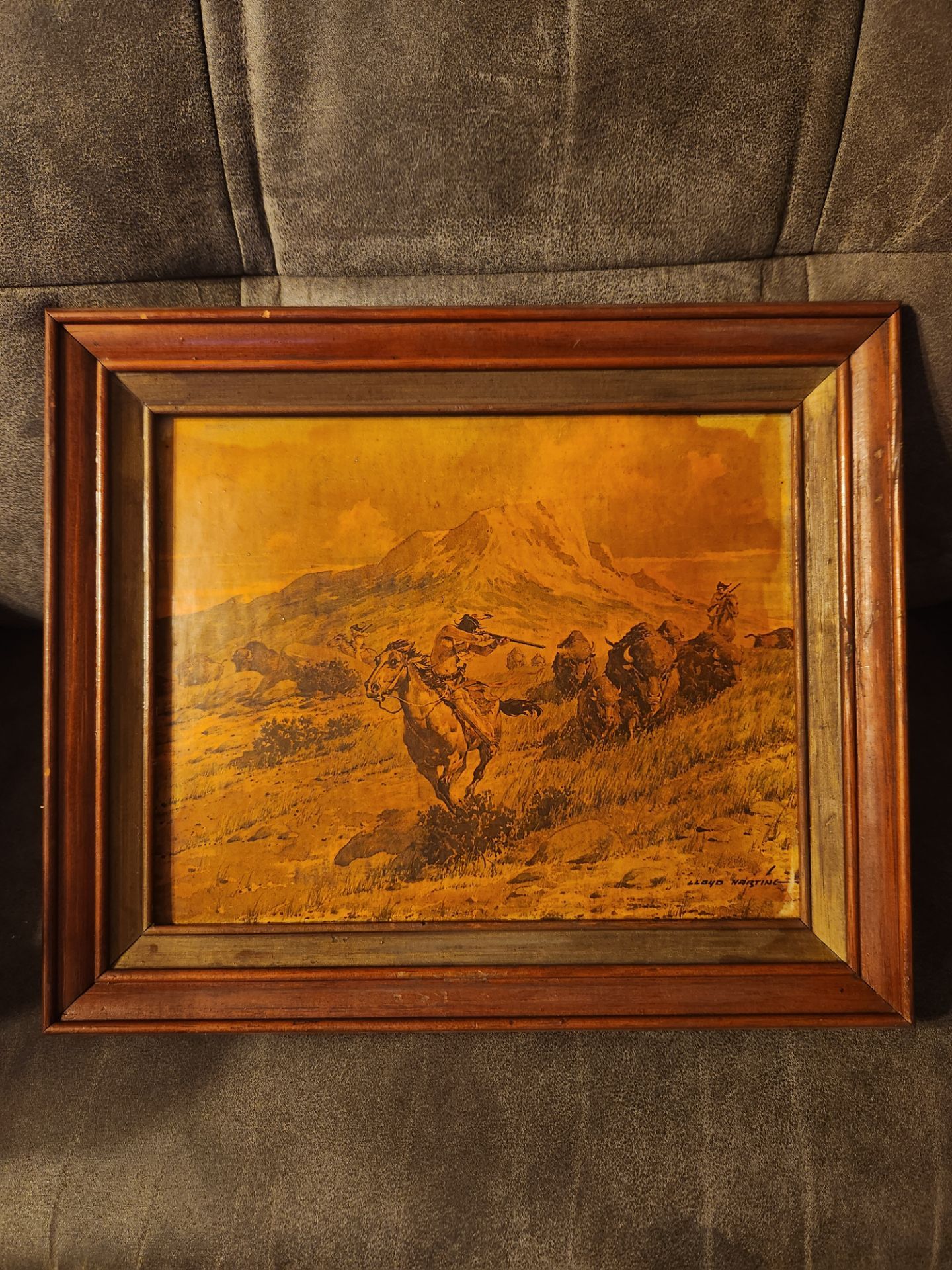 Rare Lloyd Harting Buffalo Hunt Lithograph Antique Western Scene Framed Art
