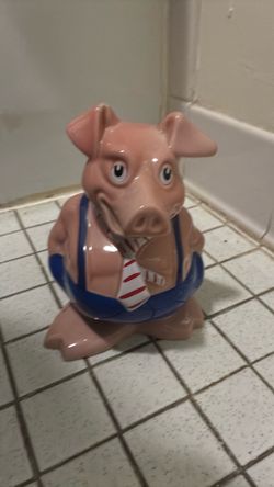 Ceramic Pig Figurine with Suspenders and Tie