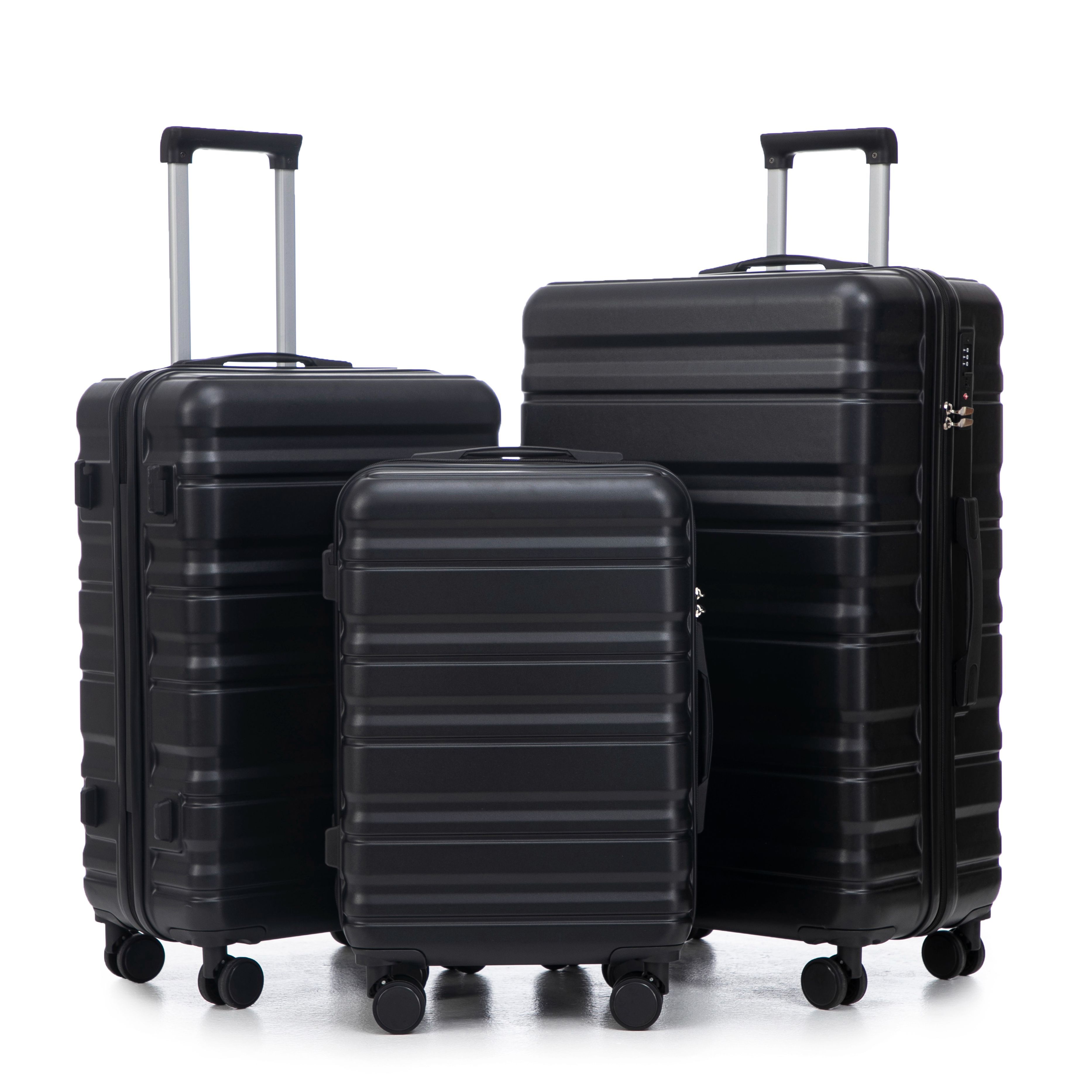 20/24/28 3 pcs/set in ABS Spinner Wheel Luggage, Carry on Suitcase, Matching Color, TSA Combination Lock (Black)
