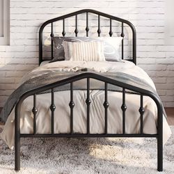Twin Size Metal Platform Bed Frame with Victorian Style Wrought Iron-Art Headboard/Footboard, No Box Spring Required, Black