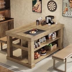 JW1105AB Kitchen Island with 3 Shelves, 55 Inches Width Kitchen Shelf with Large Worktop, Stable Wooden Structure, Farmhouse Style, Easy to Assemble, 
