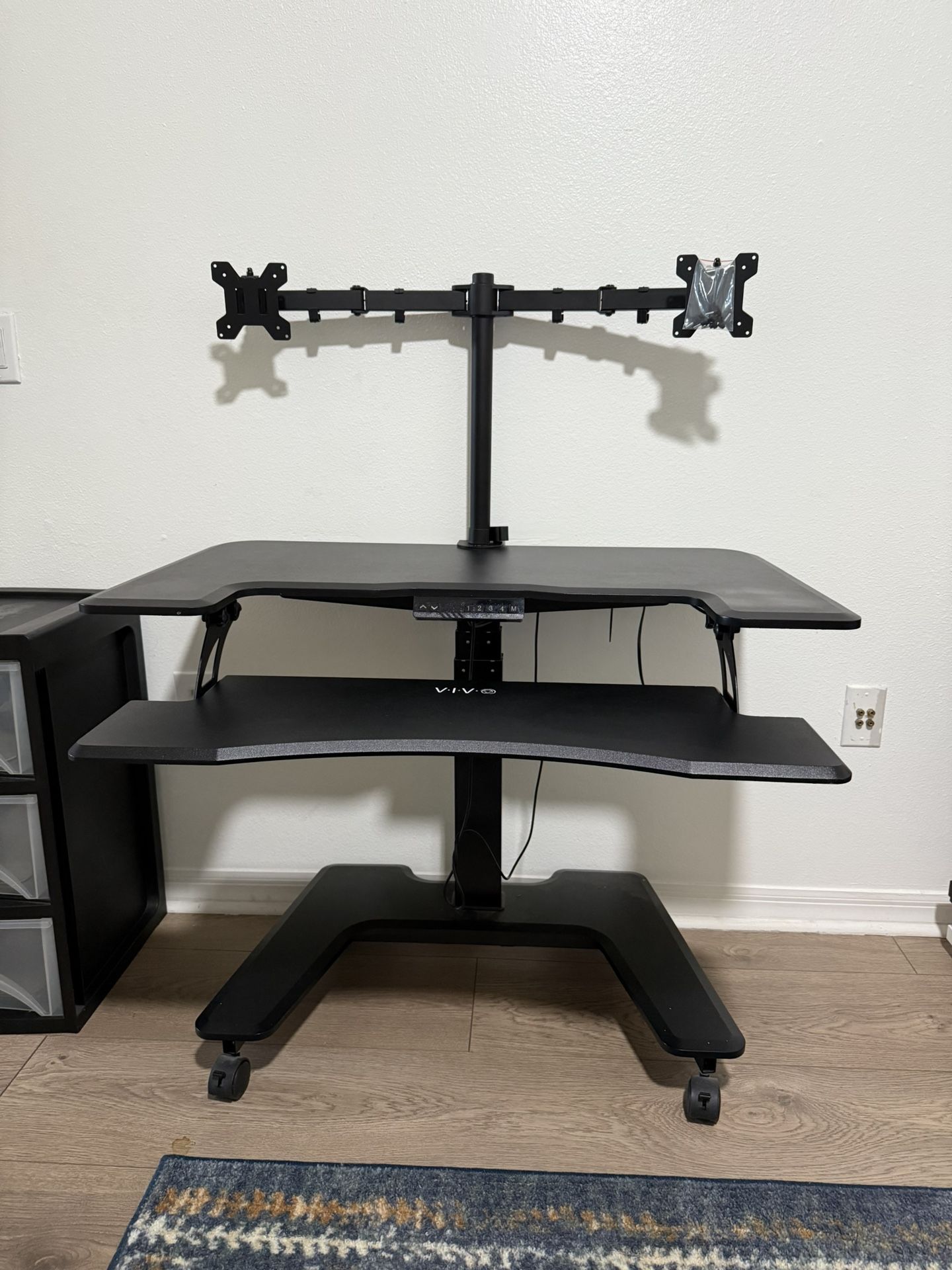 VIVO Black Electric Mobile Height Adjustable 36 inch Dual Platform Standing Desk With Dual Monitor Mount & Free Revolving Desk Chair