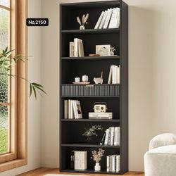 72" Tall Bookshelf with Storage, 7-Tier Bookcase Fluted with Drawer, Display Book Shelf Book Organizer for Bedroom, Living Room and Office, Black