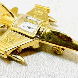 Collectible Decor Timepiece Goldtone F-16 Fighter Airplane Quartz Mini-Clock