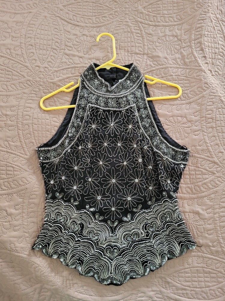 Womens Black Beaded Sequins halter top