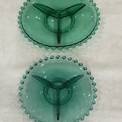 Pair of vintage green divided 3 Part glass dishes with beaded edges. 9” & 7”