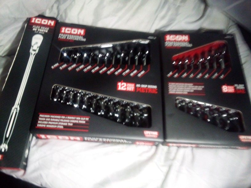 2 ICON FLEXHEAD Ratcheting Wrench Sets MM/SAE Plus ICON RATCHET FLEX