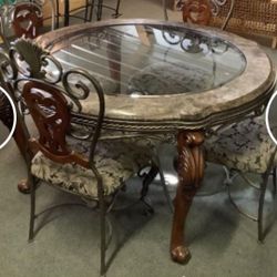 Marble And Glass Kitchen Table With 4 Solid Chairs