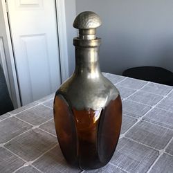 Vintage~Glass Metal Cork Stopper Decanter~Bottle~Amber.  Excellent Condition