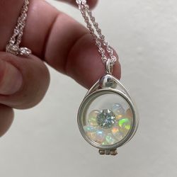 Genuine Fire Opal And Moissanite Diamond Solid 925 Sterling Silver Pendant Necklace Glass Locket Cremation Jewelry Floating Opal Locket