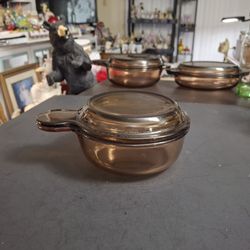 Visions By Pyrex Single Handled Casserole Dish With Lid Vintage 1980's V-150-B & C 5.5" Diameter