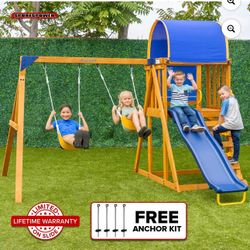 Sportspower Addison Wooden Swing Set with Heavy Duty Double A-Frame, Lifetime Warranty on Slide, & Bonus Anchor Kit - for Ages 3-8