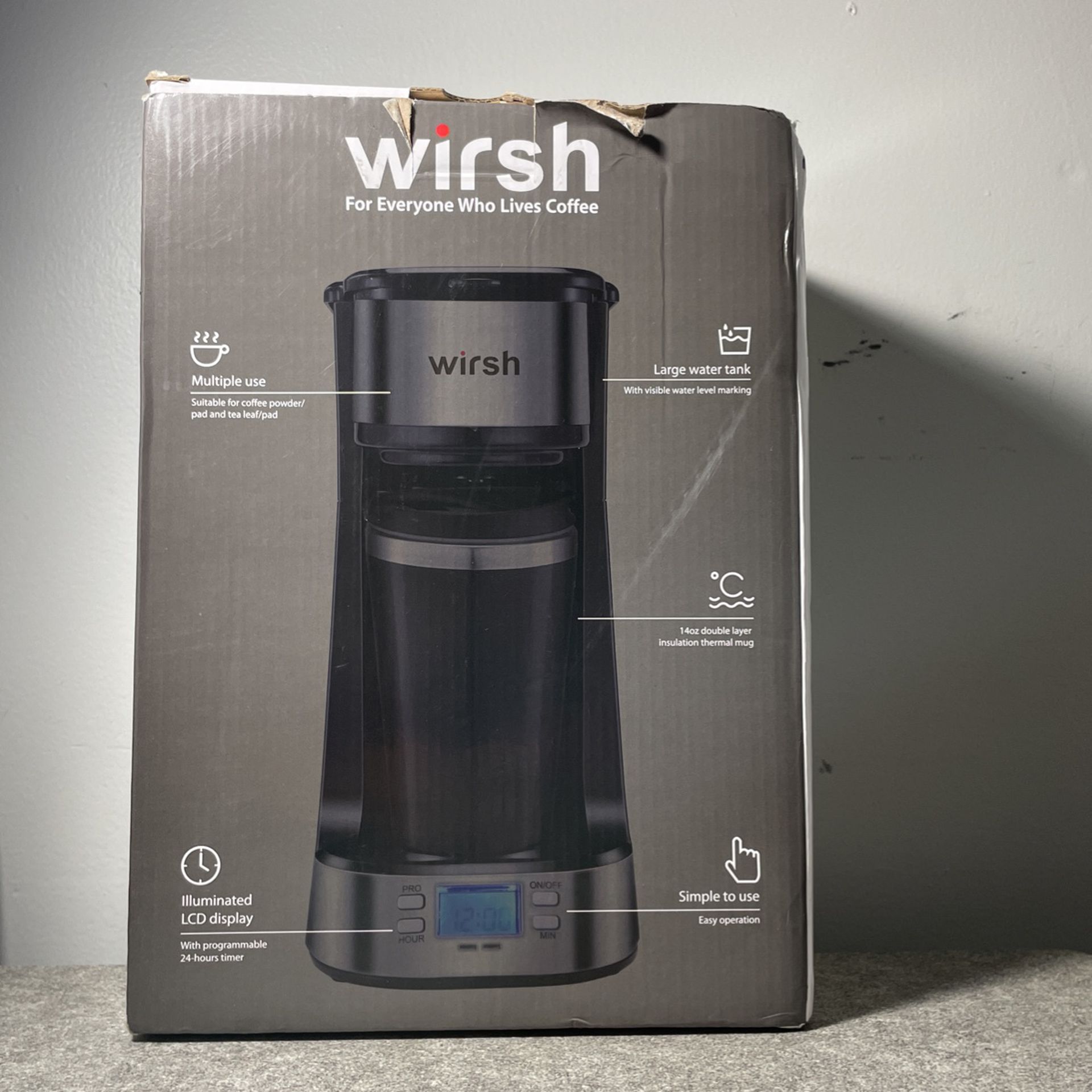 wirsh Single Serve Coffee Maker- Small Coffee Maker with Programmable Timer  and LCD display, Single Cup Coffee Maker with 14 oz.Travel Mug and