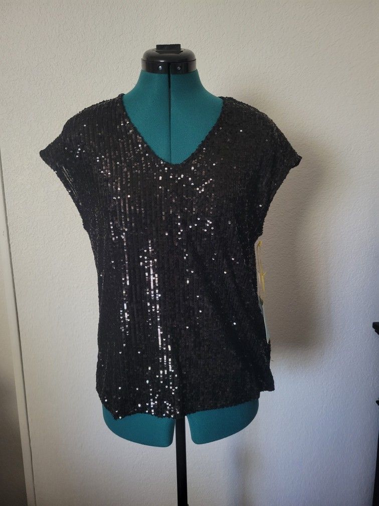 Black Sequined Shirt Blouse Top NWT
