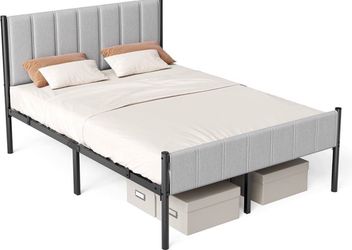 Full size Bed Base with Upholstered Headboard, full Size Metal Bed Frame with Footboard, 1100 Ib Weight Capacity, Steel Slats, Easy Assembly, No Box S