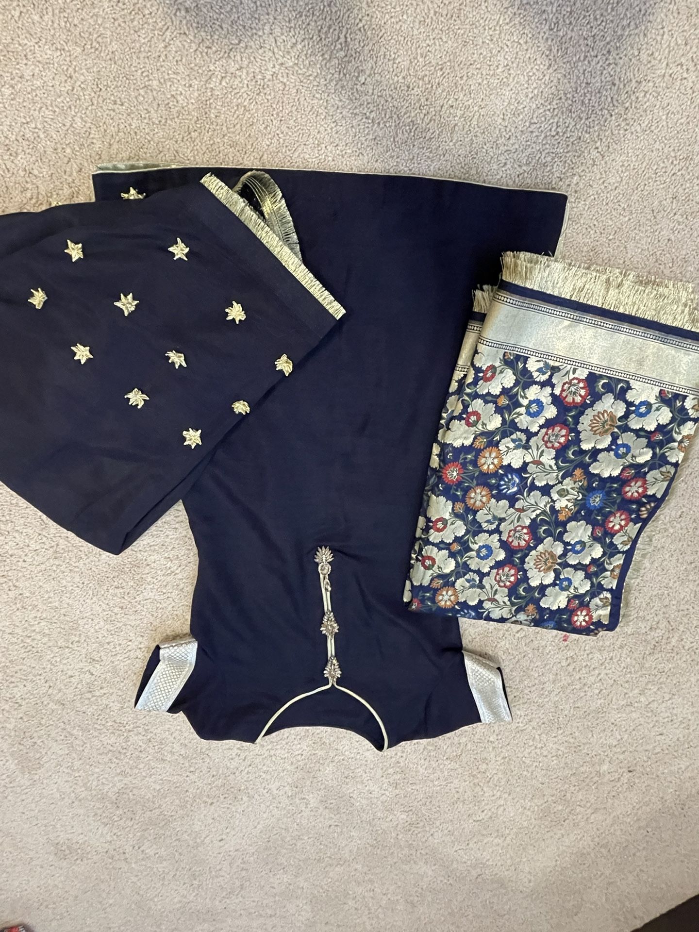 Navy Blue Three Piece Raw Silk Dress With Janwar Multi Color  Long Dupataa