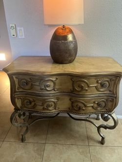 Schnadig “Distinctive Tables by Design” Bombe Chest Console — Ornate Wrought Iron Base $350