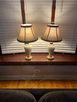 Pair of 1970s Brass & White Ceramic Reticulated Lamps