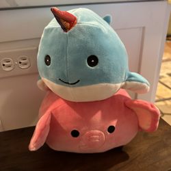 2 Squishmallow Pink Elephant Snd Blue Narwhal Unicorn 