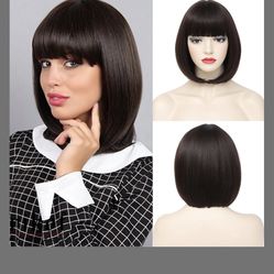 Brown Bob Wigs With Bangs Short Straight Bob Wig For Women Shoulder Length Synthetic Wigs For Halloween Daily Party Cosplay
