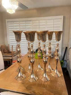 8 set Gold plated Crystal Candle Holder Luxury Wedding Table Decor 28inches