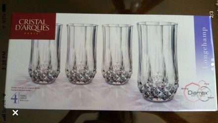 Brand new set of 4 long champ highball goblets cristal clear cut 12 oz. glasses. I have 4 sets. $70 Each
