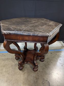 Hexagonal Dark Marble Top Accent Table with Carved Wood Pedestal Base