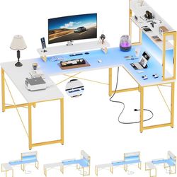 DIY U Shaped Computer Desk with Hutch, Reversible Large Office Desk with Power Outlets and LED Strip, Customizable Sturdy 98 Inch L Shaped Gaming Corn