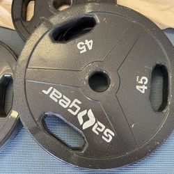 Olympic Weights- Pair Of 45 Lb, 10 Lb, 5 Lb SA Gear,  7' Olympic Bar (2 inch) and curling Bar