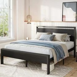 USAN1041261-10 Full Size Bed Frame, Heavy Duty Metal Platform Bed with Wooden Headboard & Footboard, Black Oak, Adult