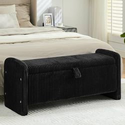 C16-44'' Corduroy Storage Bench, Rectangle Upholstered Bed Bench with Storage, Linear Bed Bench for Bedroom, Living Room, Entryway (Black)