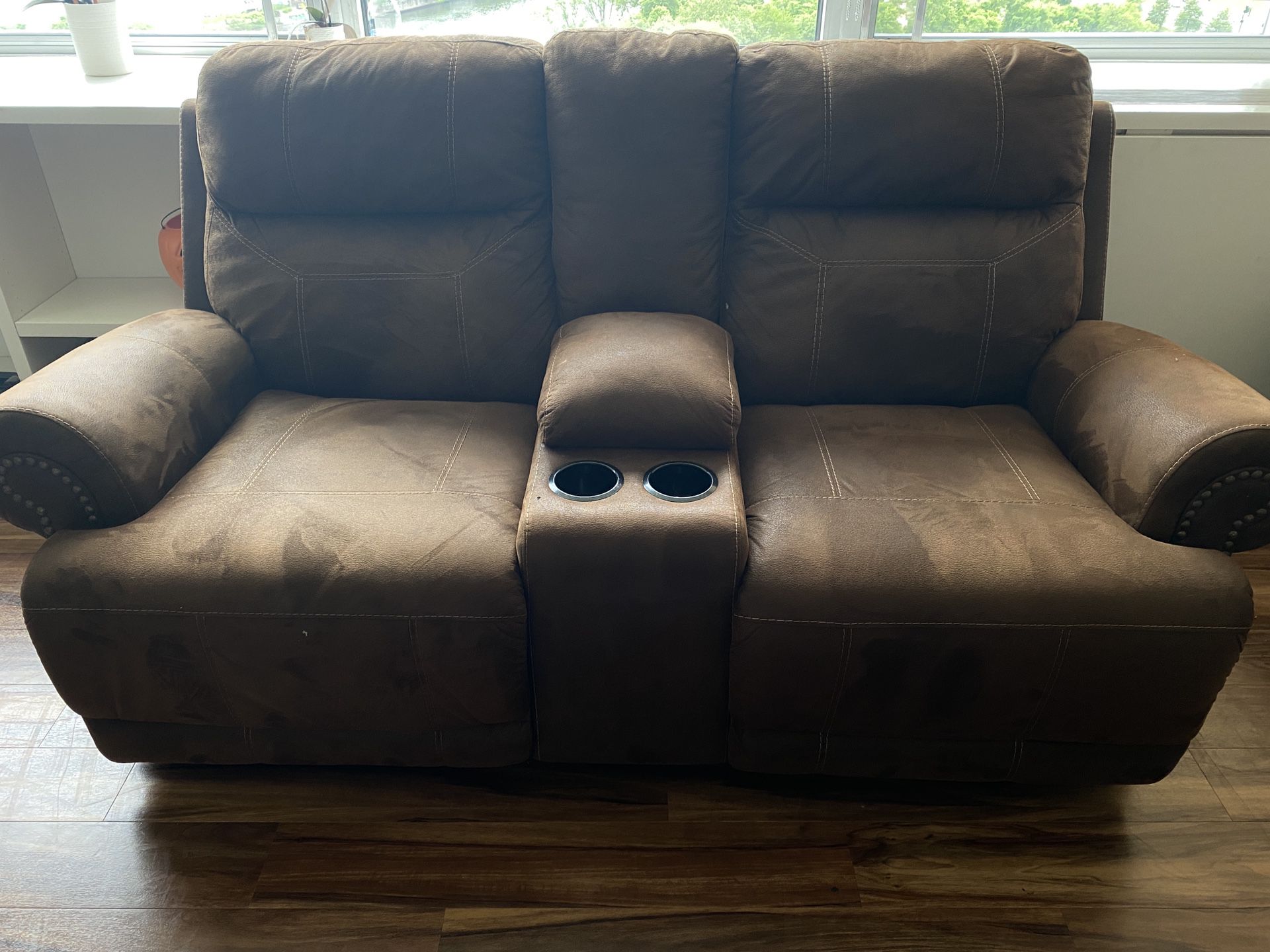 Austere reclining loveseat with console