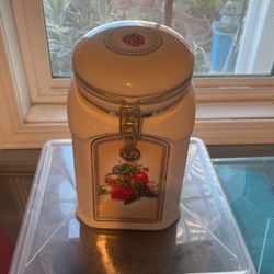LARGE COOKIE JAR ABIUT 9” TALL, DECORATED ON ALL SIDES/-$7