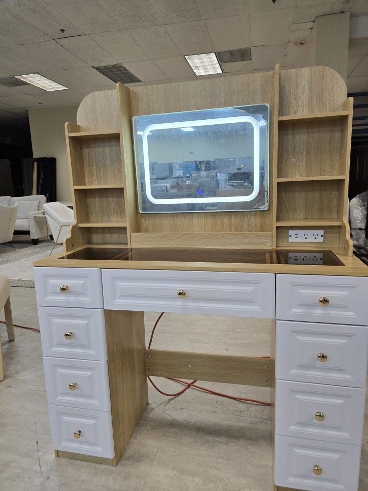 BRAND NEW
43" Makeup Vanity Desk with Mirror and Lights, & Power Outl, Glass Top Big Vanity Table with 9 Drawers& 8 Storage Shelves, Dressing Table S