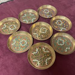 Vintage 1970s Solid Brass Hand Made Coasters or Ashtrays Set 8 India