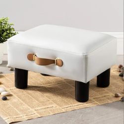 Rectangular White Faux Leather Foot Rest Stool With Handle 