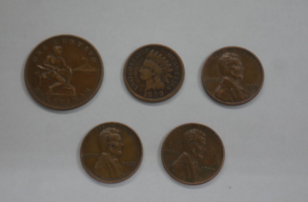 LOT 5 ONE CENT COINS 1911 ONE CENTAVO FILIPINAS UNITED STATES OF AMERICA, 1953 ONE CENT UNITED STATES OF AMERICA, 1957 ONE CENT UNITED STATES OF AMER