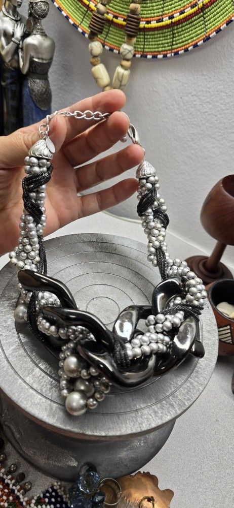 Chunky Statement Necklace Black Silver Beads Mesh Braided Choker